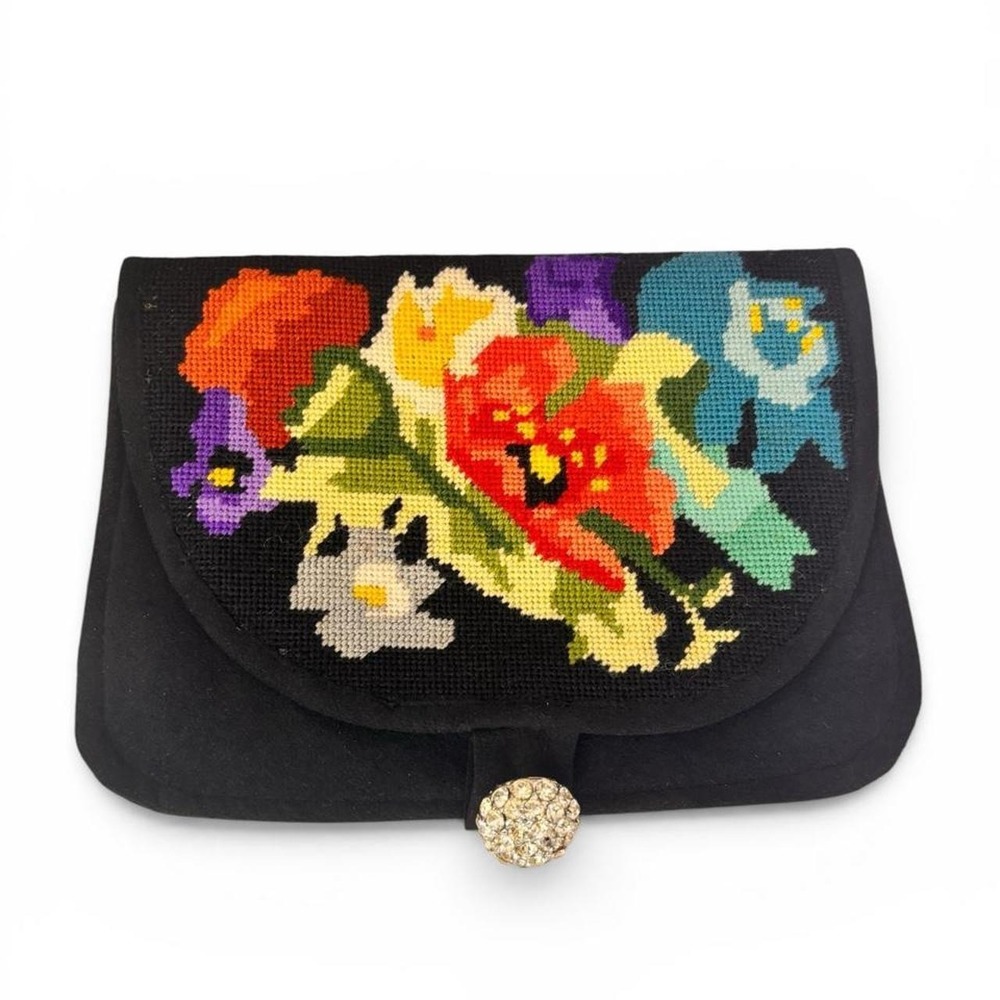 Vintage Bright Colorful Floral Needlepoint Rhinestone Clutch